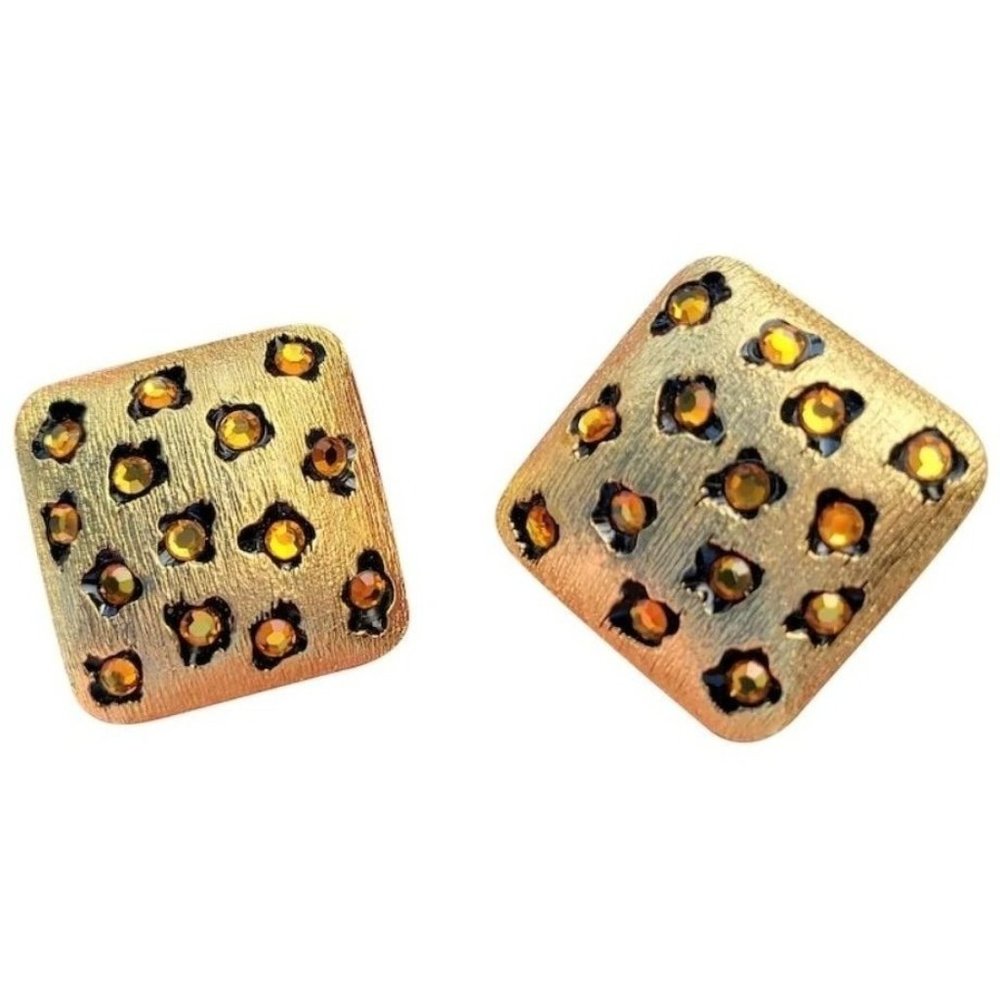 Vintage 80s  Designer Signed Craft Leopard Rhinestone Gold Tone Earrings (A2682)